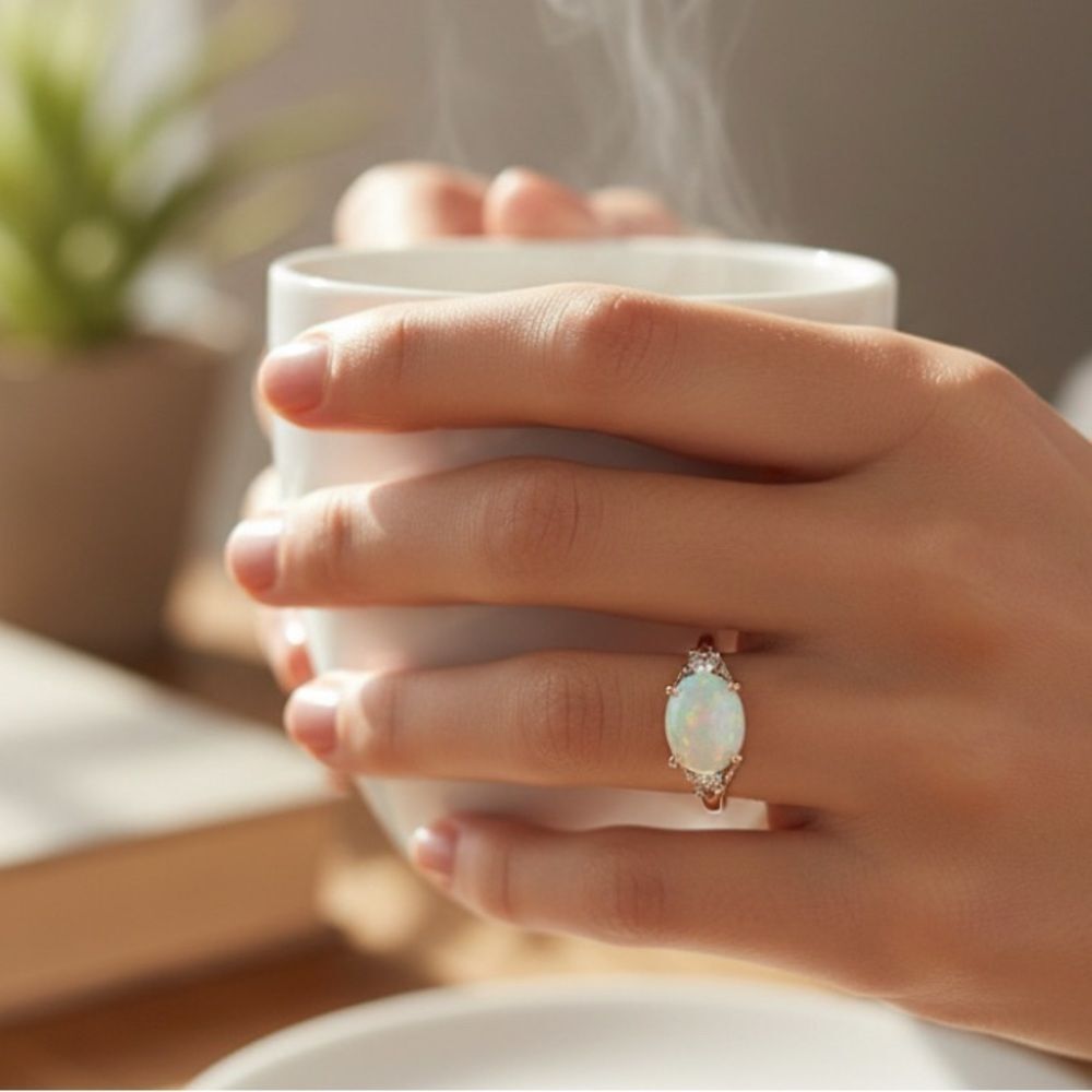 ✨ Vintage Opalescent Cabochon Ring Silver Tone Size 10 ✨